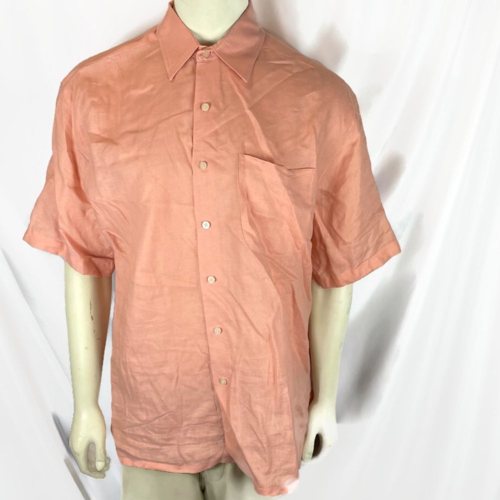 Alan Flusser 100% Linen Short Sleeve Button Front Shirt Large Pink Salmon